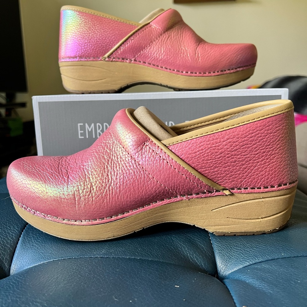 Dansko Pink Leather Clogs XP 2.0 with Tan Wood-Tone Sole